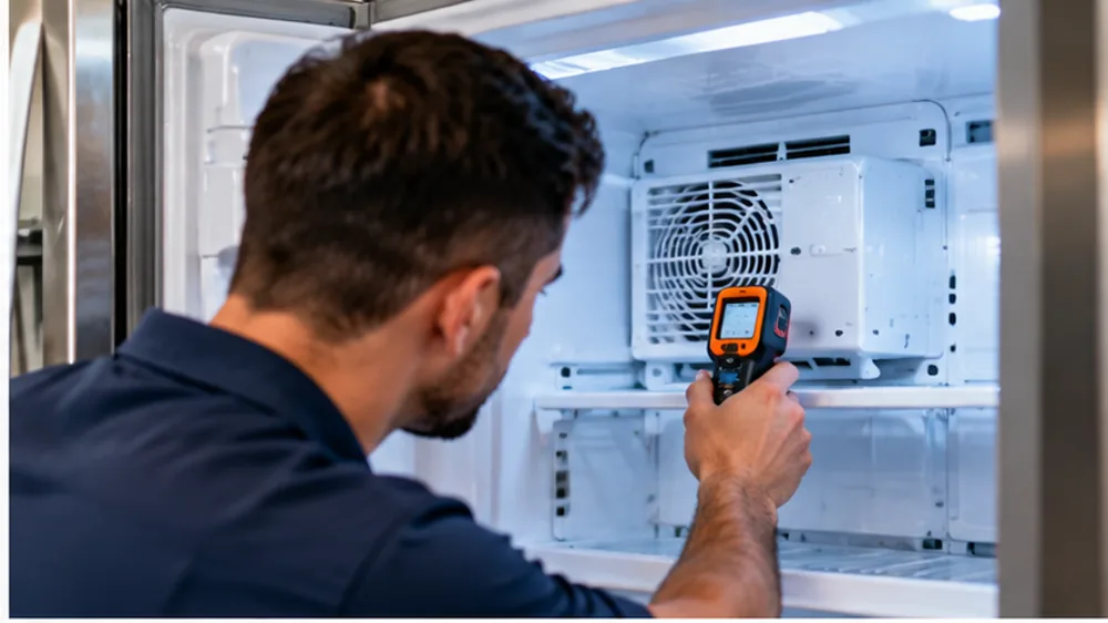 Technician diagnosing a refrigerator cooling system