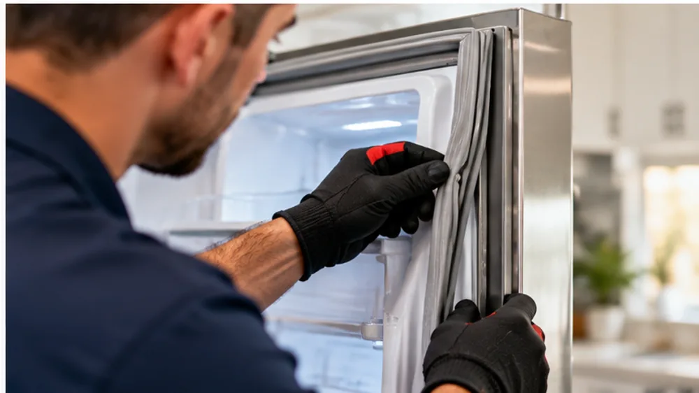 Technician inspecting a refrigerator door and seal