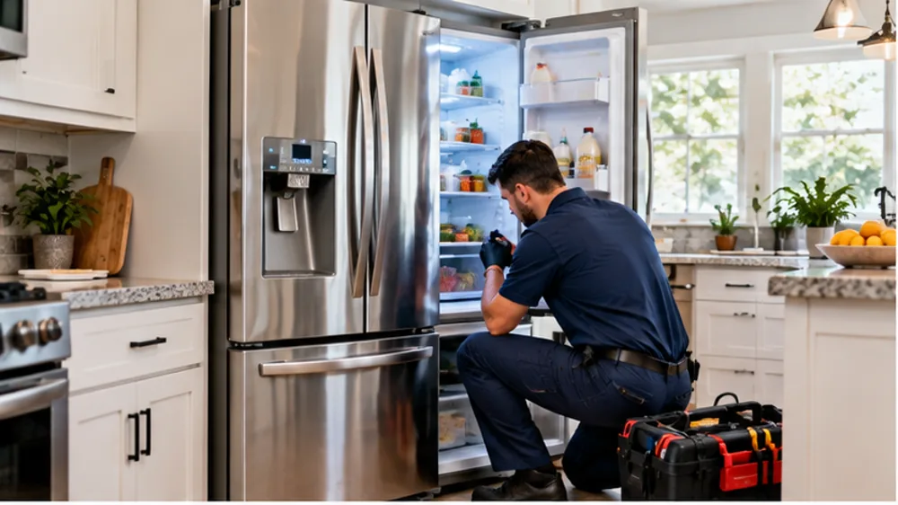 Appliance Repair Pros technician working on a refrigerator in a modern kitchen