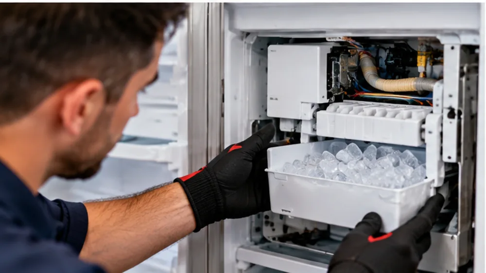 Technician inspecting a refrigerator ice maker